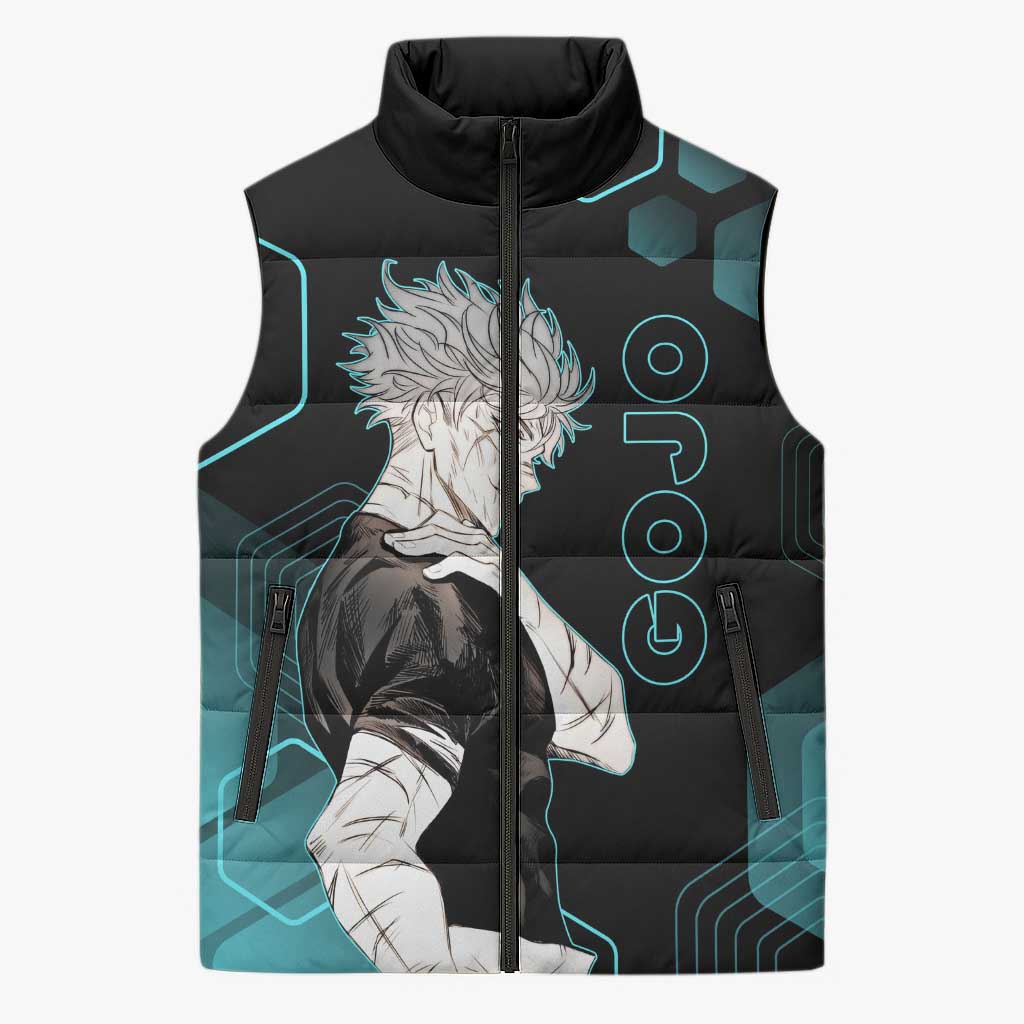 Gojo Satoru Jujutsu Kaisen Blue Hexagon Pattern Sleeveless Puffer Jacket with Intense Expressions and Modern Anime Art - The Mazicc