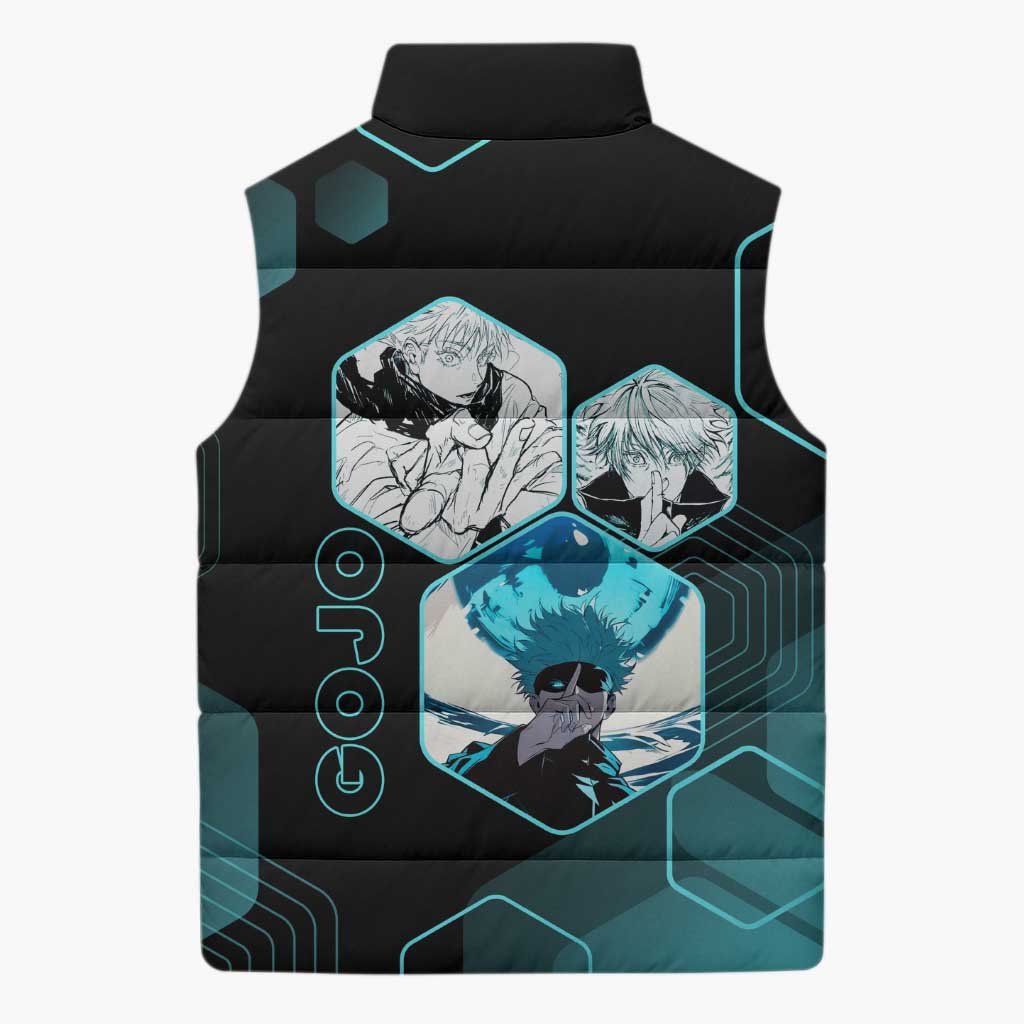 Gojo Satoru Jujutsu Kaisen Blue Hexagon Pattern Sleeveless Puffer Jacket with Intense Expressions and Modern Anime Art - The Mazicc