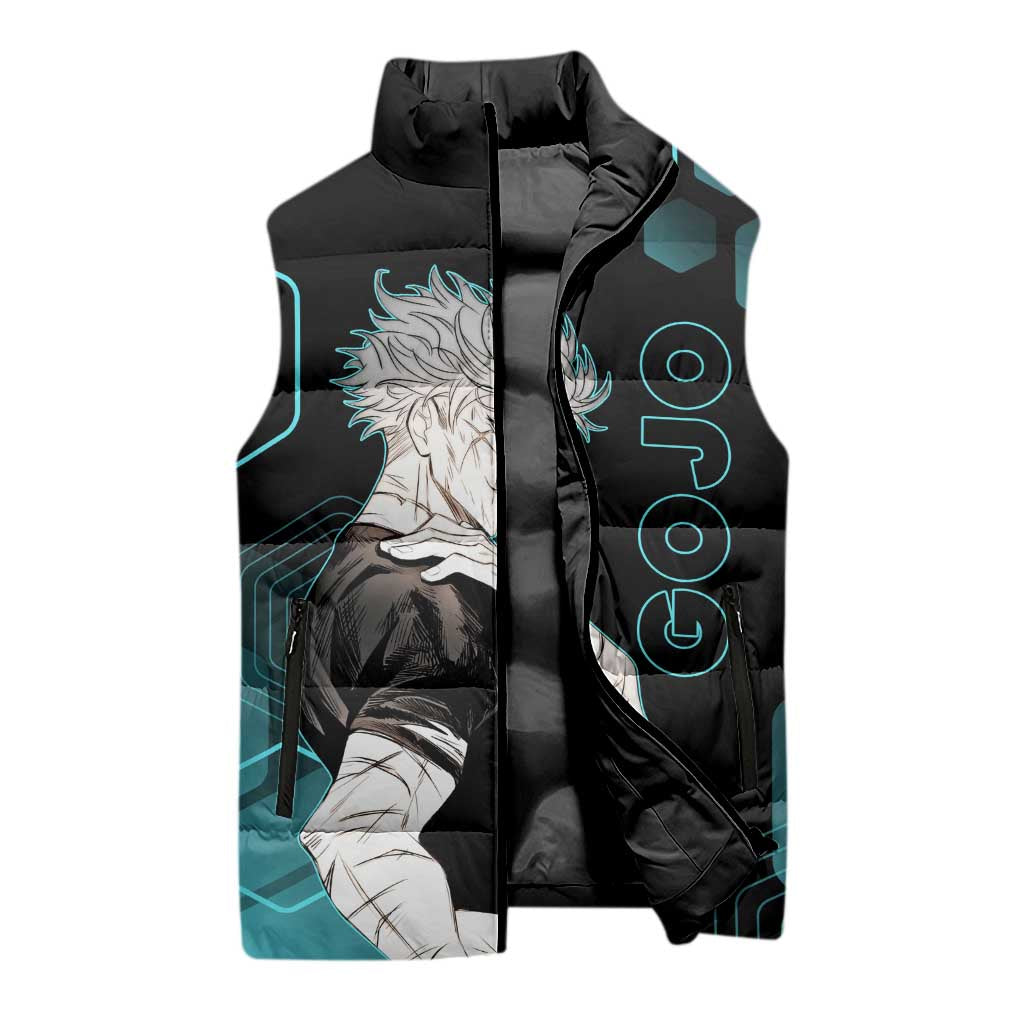 Gojo Satoru Jujutsu Kaisen Blue Hexagon Pattern Sleeveless Puffer Jacket with Intense Expressions and Modern Anime Art - The Mazicc