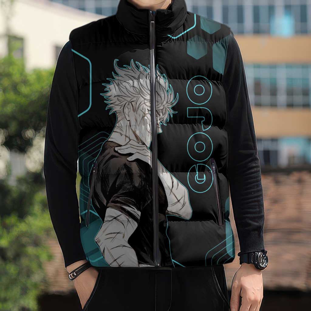 Gojo Satoru Jujutsu Kaisen Blue Hexagon Pattern Sleeveless Puffer Jacket with Intense Expressions and Modern Anime Art - The Mazicc