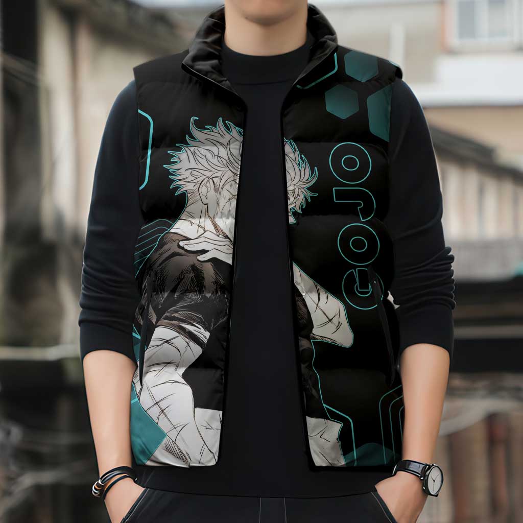 Gojo Satoru Jujutsu Kaisen Blue Hexagon Pattern Sleeveless Puffer Jacket with Intense Expressions and Modern Anime Art - The Mazicc