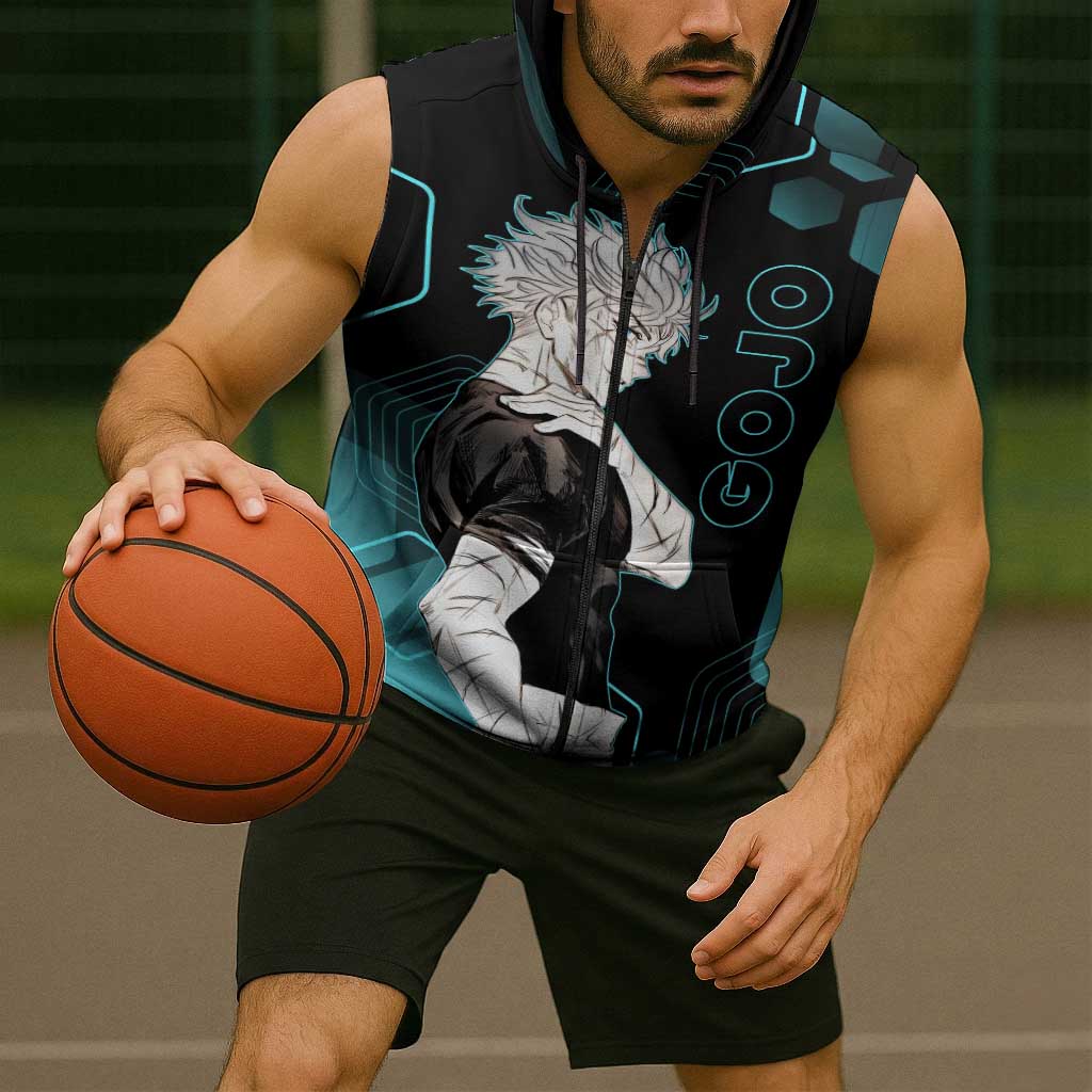 Gojo Satoru Jujutsu Kaisen Blue Hexagon Pattern Sleeveless Zip Hoodie with Intense Expressions and Modern Anime Art - The Mazicc