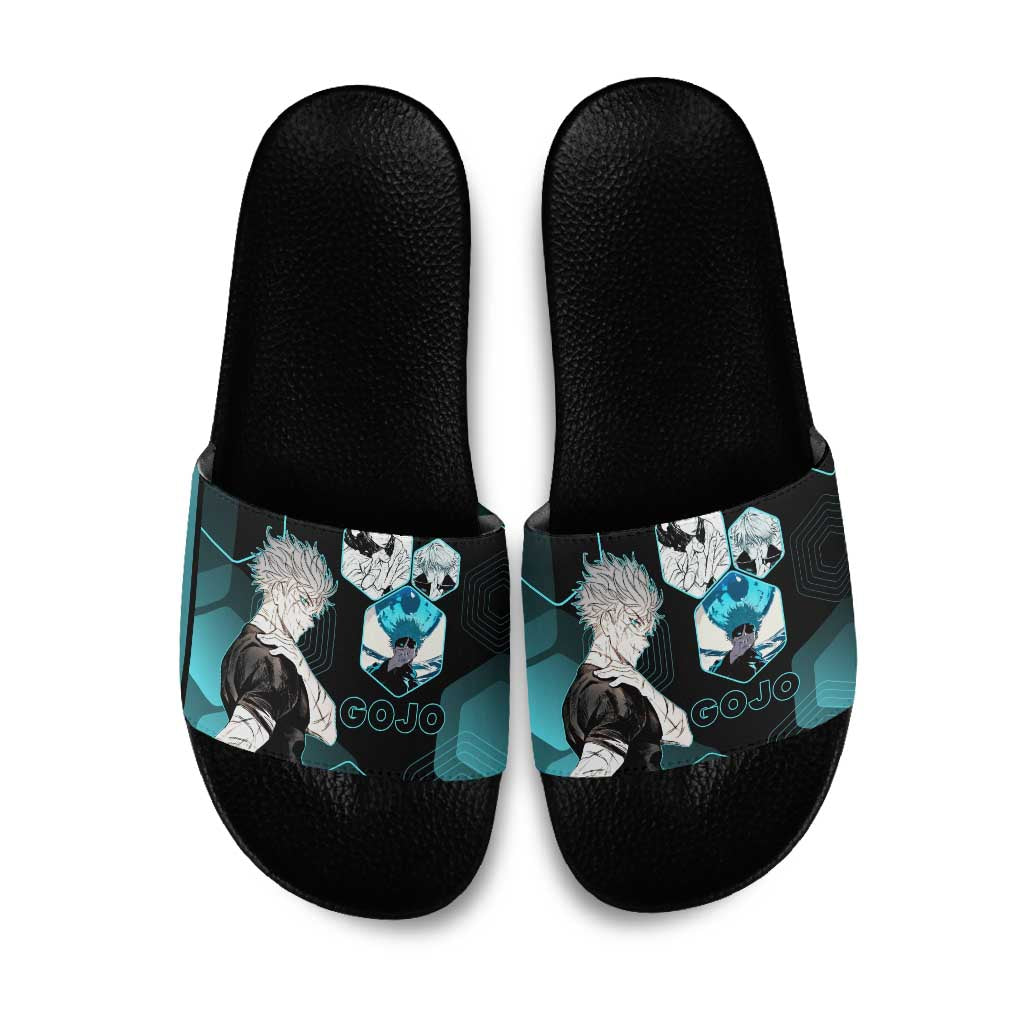 Gojo Satoru Jujutsu Kaisen Blue Hexagon Pattern Slide Sandals with Intense Expressions and Modern Anime Art - The Mazicc