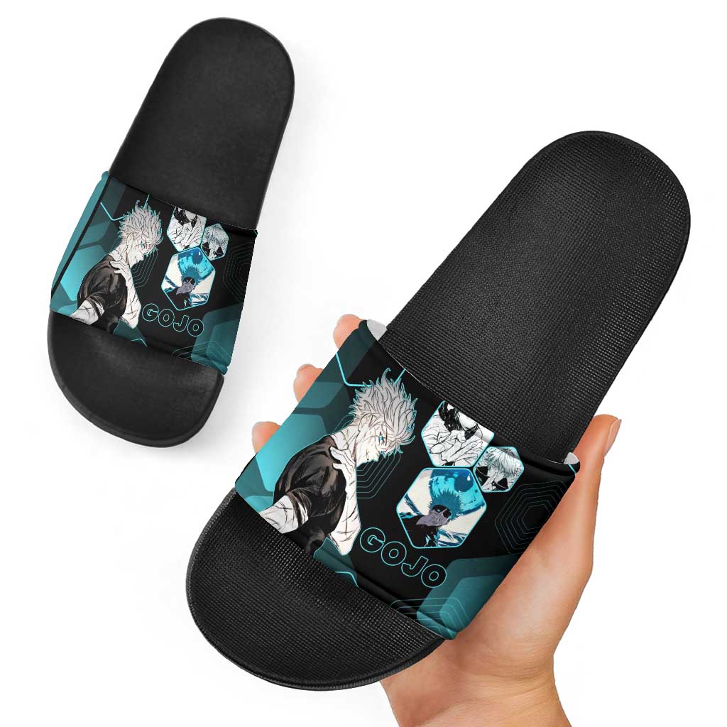 Gojo Satoru Jujutsu Kaisen Blue Hexagon Pattern Slide Sandals with Intense Expressions and Modern Anime Art - The Mazicc