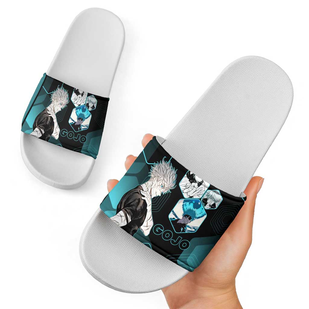 Gojo Satoru Jujutsu Kaisen Blue Hexagon Pattern Slide Sandals with Intense Expressions and Modern Anime Art - The Mazicc