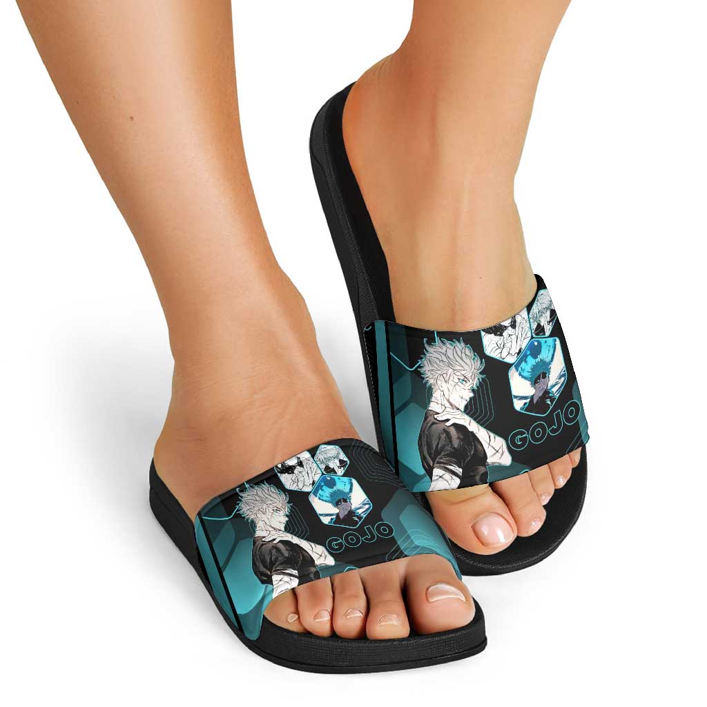 Gojo Satoru Jujutsu Kaisen Blue Hexagon Pattern Slide Sandals with Intense Expressions and Modern Anime Art - The Mazicc