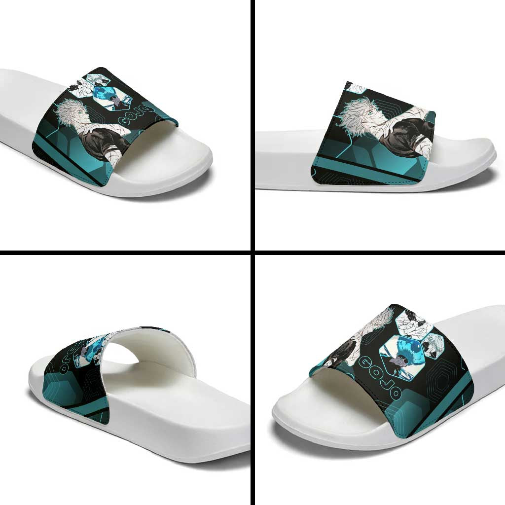 Gojo Satoru Jujutsu Kaisen Blue Hexagon Pattern Slide Sandals with Intense Expressions and Modern Anime Art - The Mazicc
