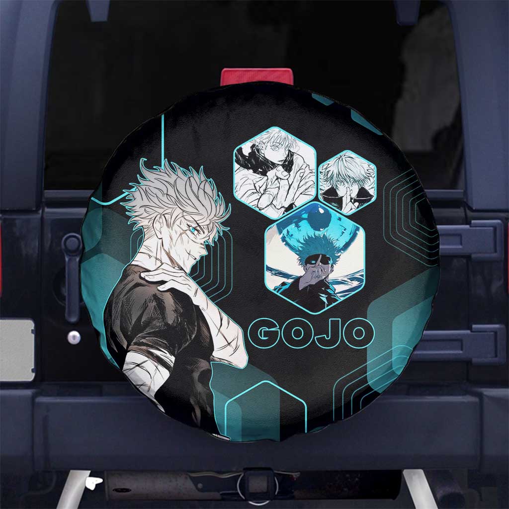 Gojo Satoru Jujutsu Kaisen Blue Hexagon Pattern Spare Tire Cover with Intense Expressions and Modern Anime Art - The Mazicc