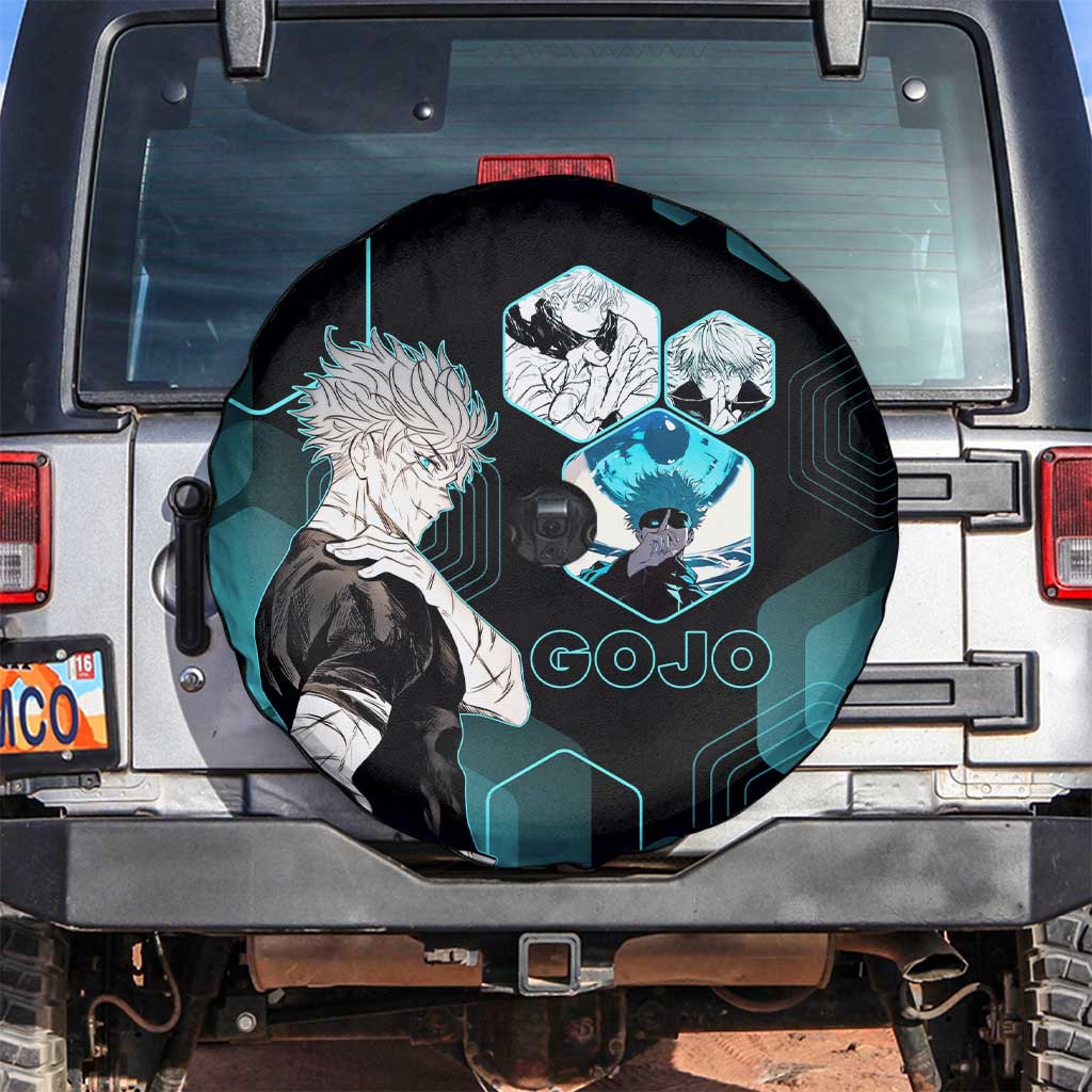 Gojo Satoru Jujutsu Kaisen Blue Hexagon Pattern Spare Tire Cover with Intense Expressions and Modern Anime Art - The Mazicc
