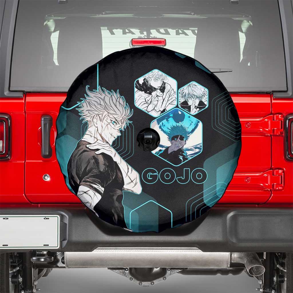Gojo Satoru Jujutsu Kaisen Blue Hexagon Pattern Spare Tire Cover with Intense Expressions and Modern Anime Art - The Mazicc