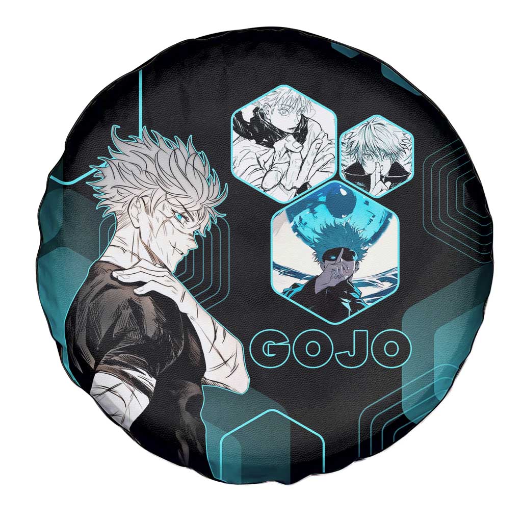 Gojo Satoru Jujutsu Kaisen Blue Hexagon Pattern Spare Tire Cover with Intense Expressions and Modern Anime Art - The Mazicc