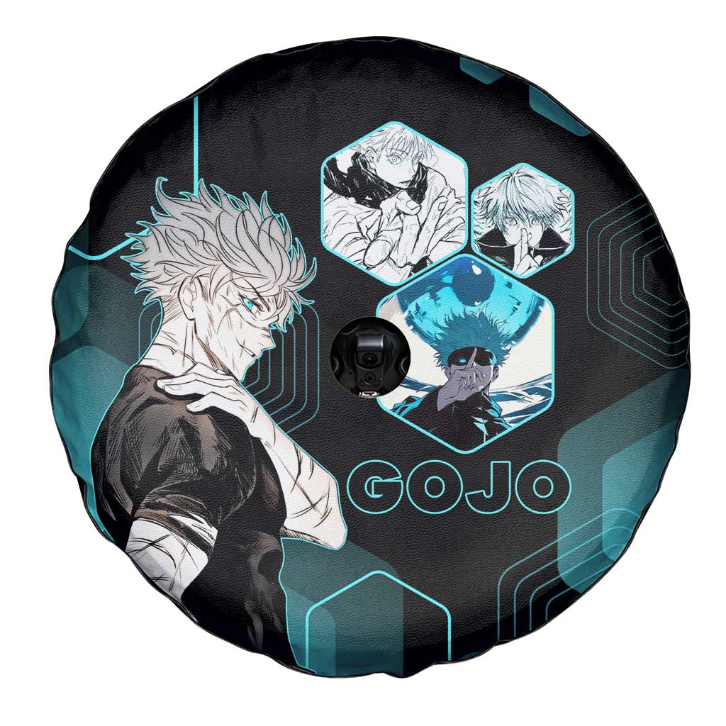 Gojo Satoru Jujutsu Kaisen Blue Hexagon Pattern Spare Tire Cover with Intense Expressions and Modern Anime Art - The Mazicc