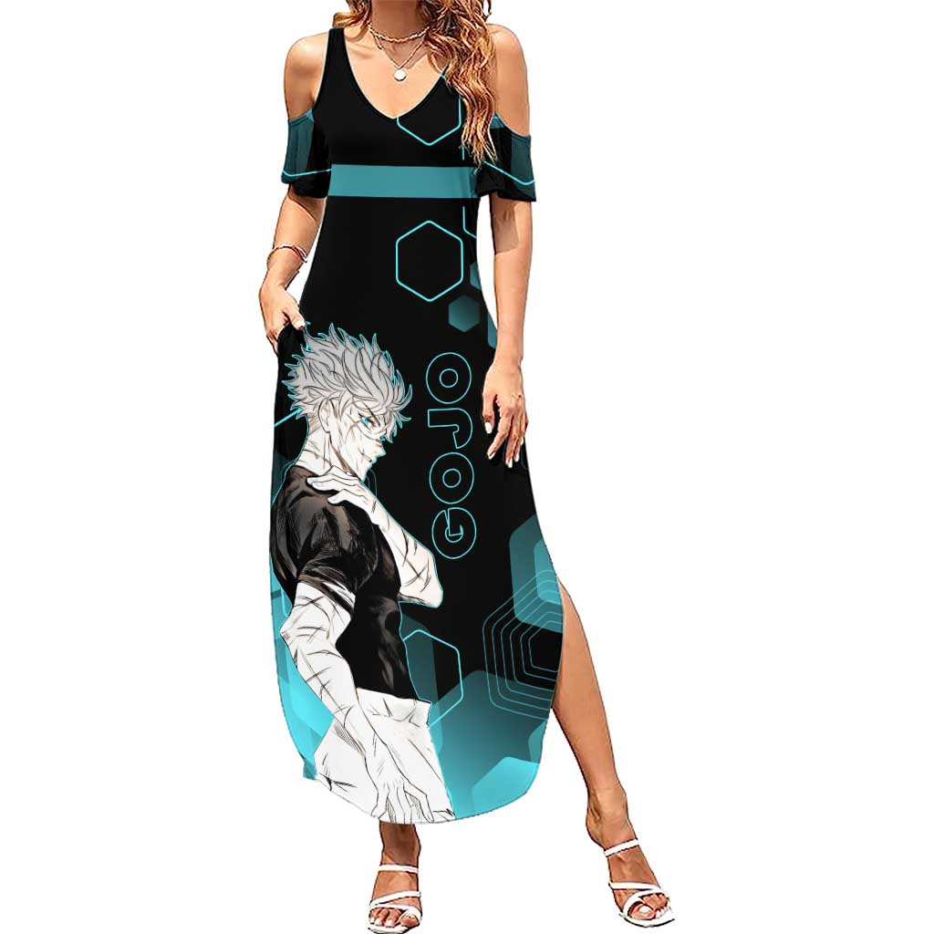 Gojo Satoru Jujutsu Kaisen Blue Hexagon Pattern Summer Maxi Dress with Intense Expressions and Modern Anime Art - The Mazicc