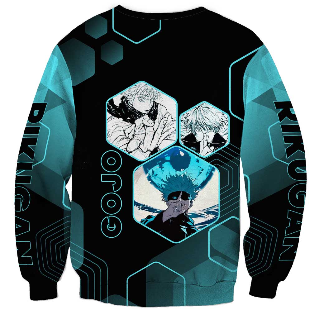 Gojo Satoru Jujutsu Kaisen Blue Hexagon Pattern Sweatshirt with Intense Expressions and Modern Anime Art - The Mazicc