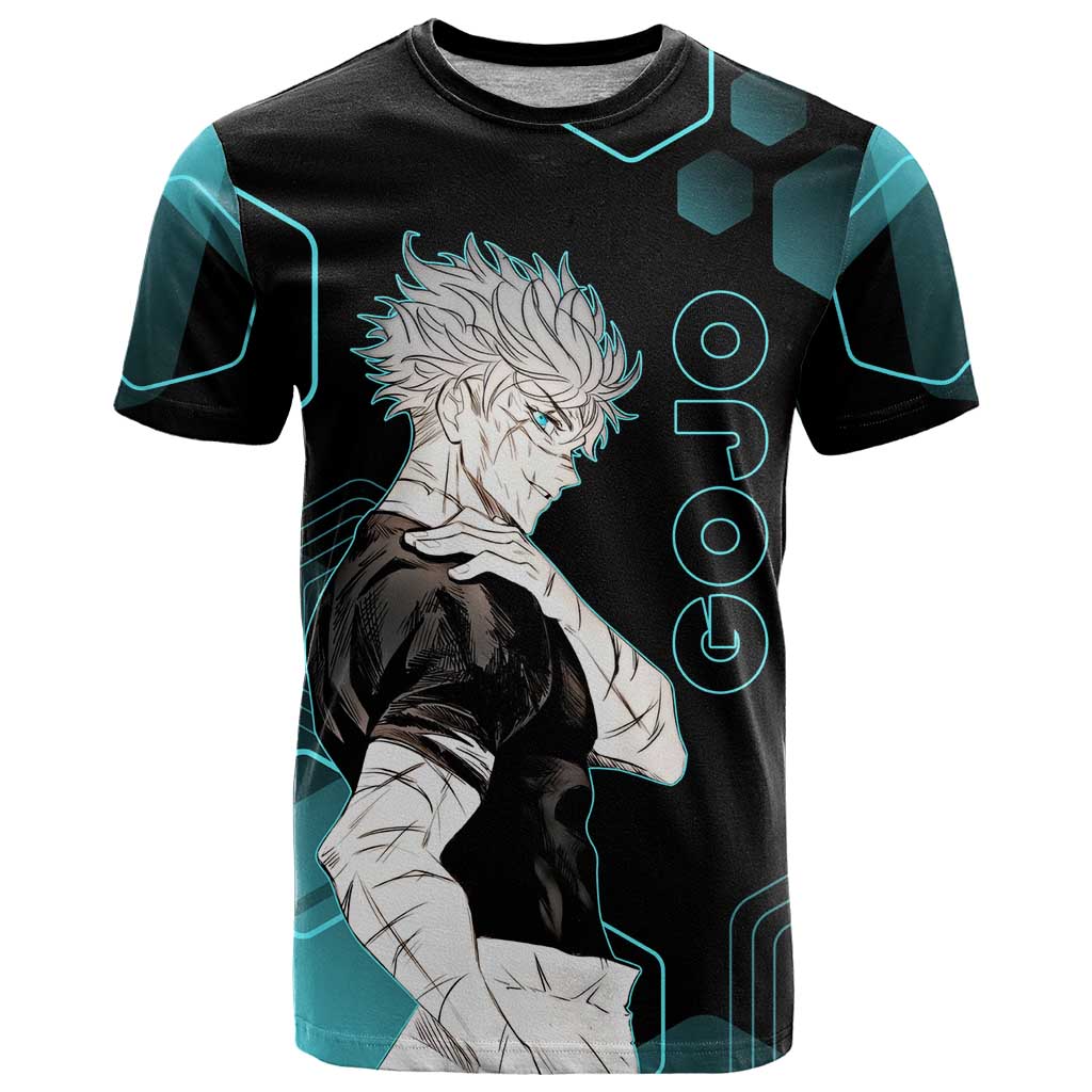 Gojo Satoru Jujutsu Kaisen Blue Hexagon Pattern T Shirt with Intense Expressions and Modern Anime Art - The Mazicc
