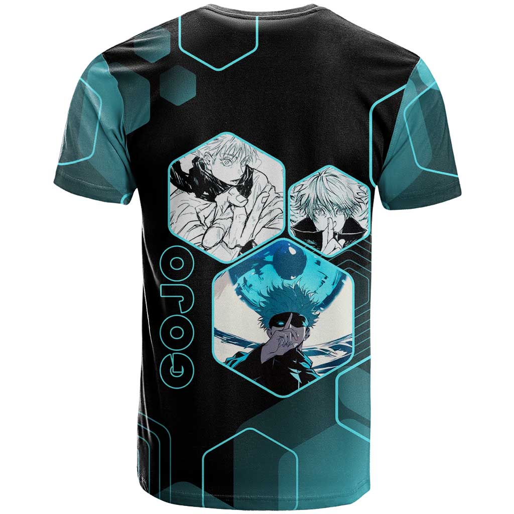 Gojo Satoru Jujutsu Kaisen Blue Hexagon Pattern T Shirt with Intense Expressions and Modern Anime Art - The Mazicc
