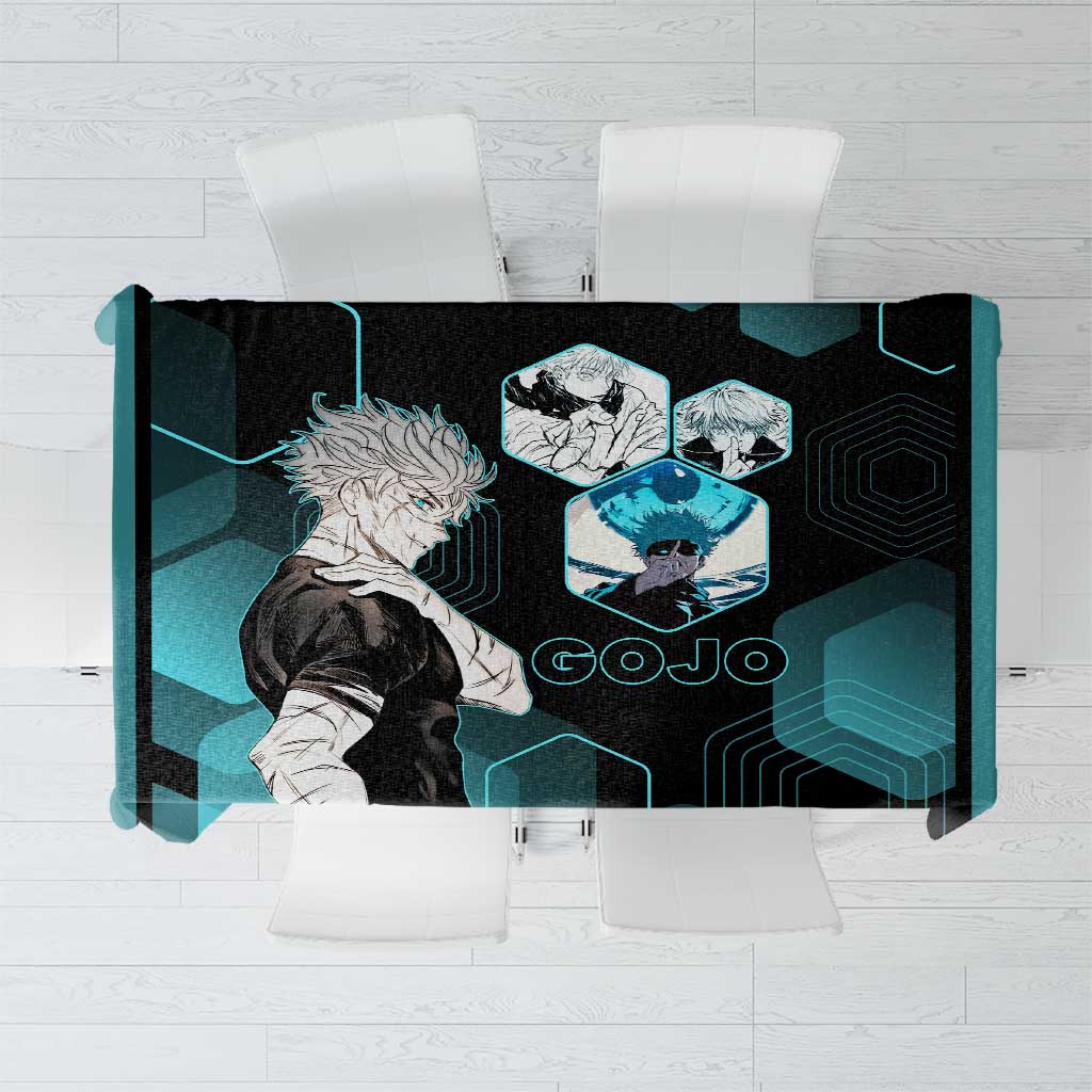 Gojo Satoru Jujutsu Kaisen Blue Hexagon Pattern Tablecloth with Intense Expressions and Modern Anime Art - The Mazicc