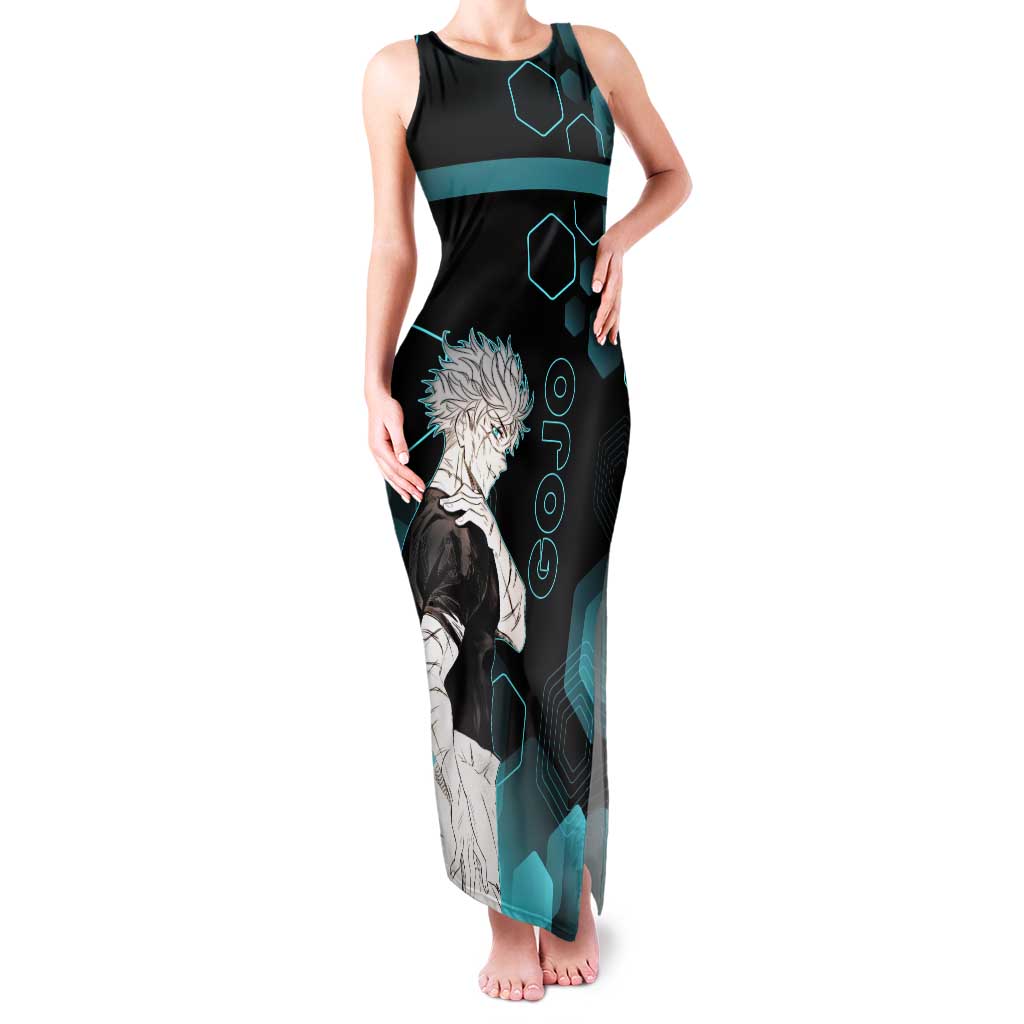 Gojo Satoru Jujutsu Kaisen Blue Hexagon Pattern Tank Maxi Dress with Intense Expressions and Modern Anime Art - The Mazicc