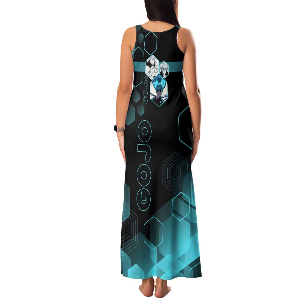 Gojo Satoru Jujutsu Kaisen Blue Hexagon Pattern Tank Maxi Dress with Intense Expressions and Modern Anime Art - The Mazicc