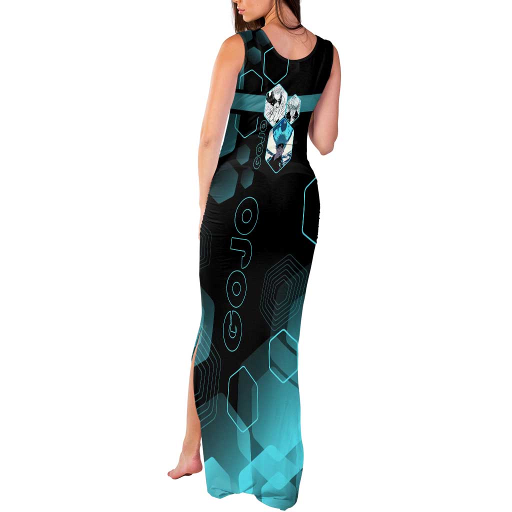 Gojo Satoru Jujutsu Kaisen Blue Hexagon Pattern Tank Maxi Dress with Intense Expressions and Modern Anime Art - The Mazicc
