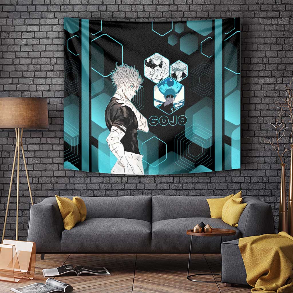 Gojo Satoru Jujutsu Kaisen Blue Hexagon Pattern Tapestry with Intense Expressions and Modern Anime Art - The Mazicc