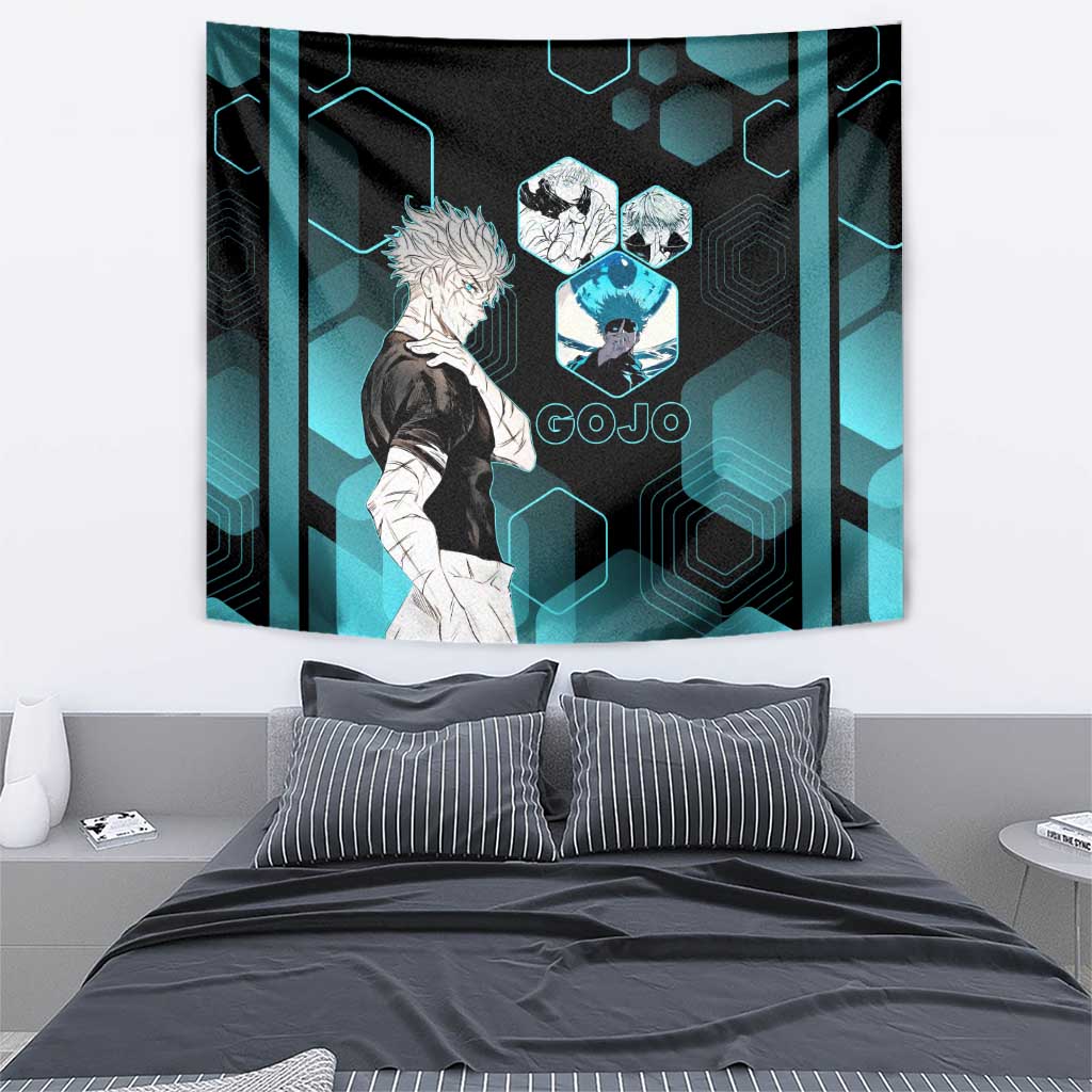 Gojo Satoru Jujutsu Kaisen Blue Hexagon Pattern Tapestry with Intense Expressions and Modern Anime Art - The Mazicc