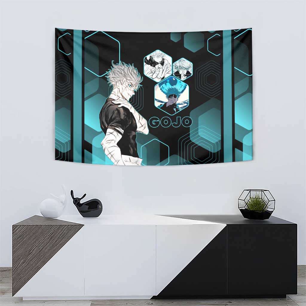 Gojo Satoru Jujutsu Kaisen Blue Hexagon Pattern Tapestry with Intense Expressions and Modern Anime Art - The Mazicc