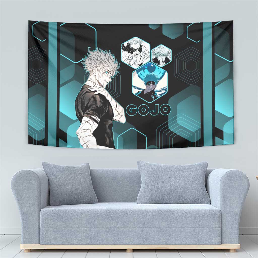 Gojo Satoru Jujutsu Kaisen Blue Hexagon Pattern Tapestry with Intense Expressions and Modern Anime Art - The Mazicc