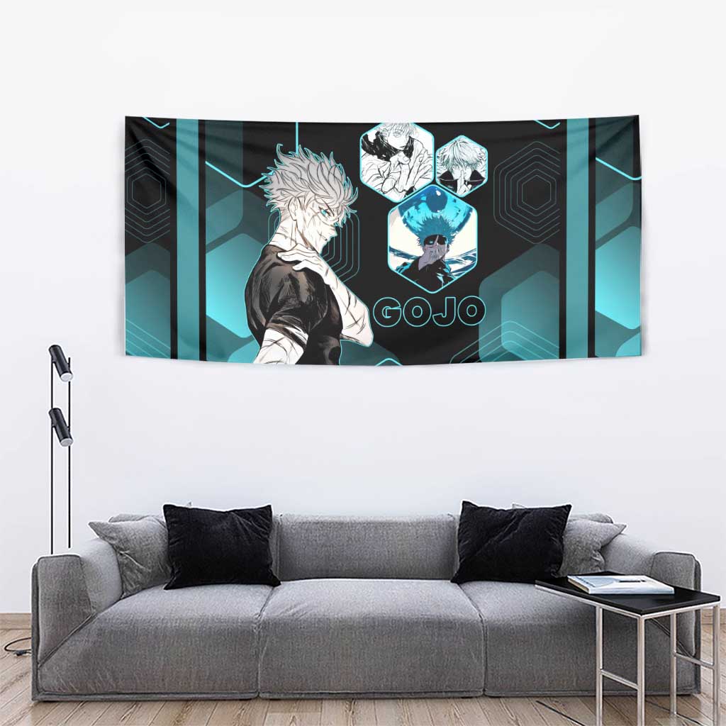 Gojo Satoru Jujutsu Kaisen Blue Hexagon Pattern Tapestry with Intense Expressions and Modern Anime Art - The Mazicc