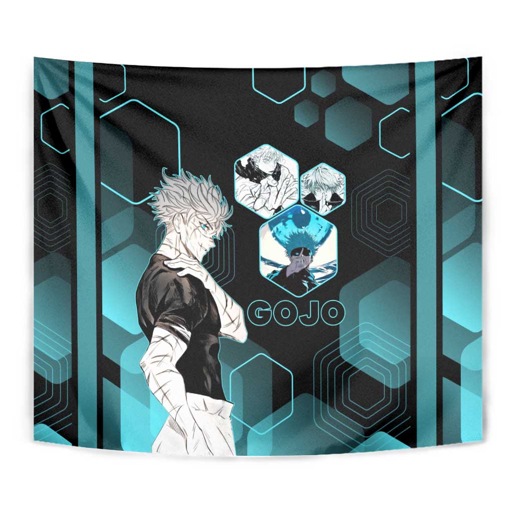 Gojo Satoru Jujutsu Kaisen Blue Hexagon Pattern Tapestry with Intense Expressions and Modern Anime Art - The Mazicc