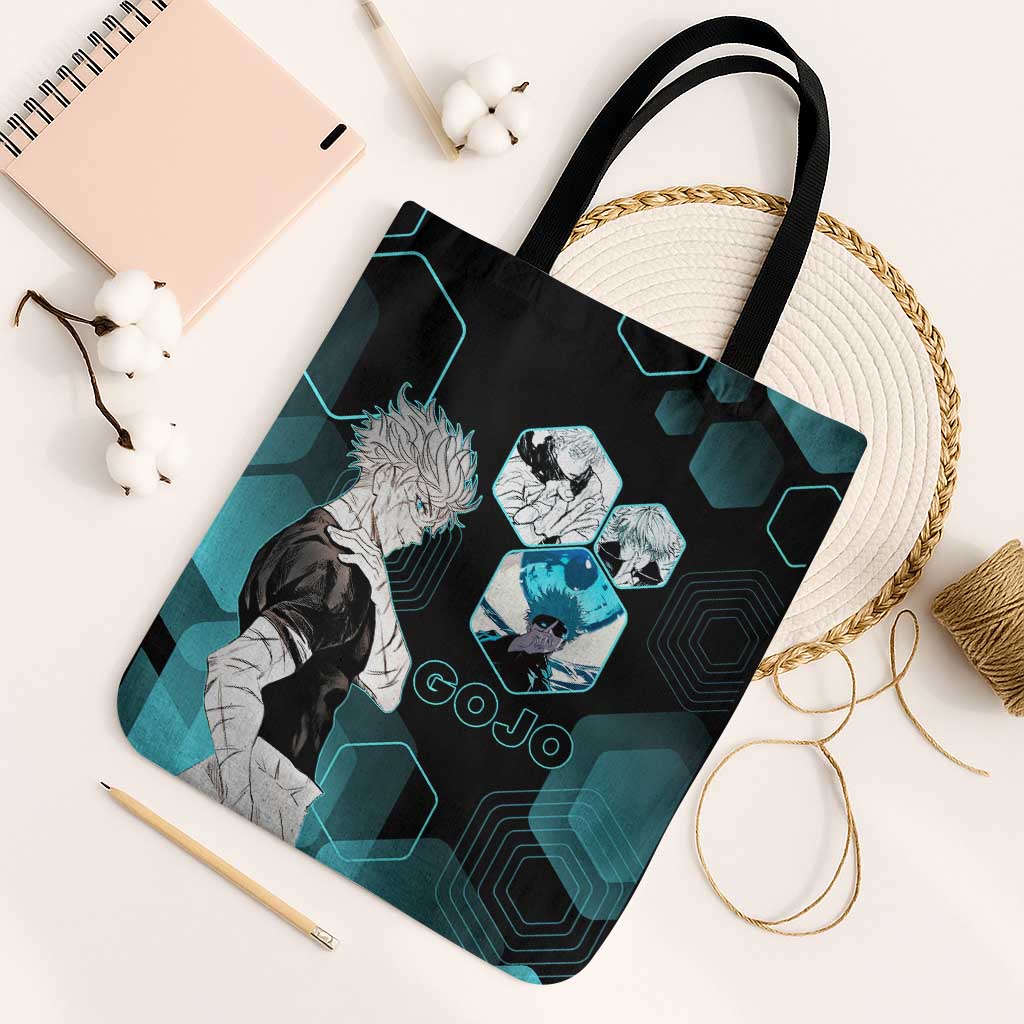 Gojo Satoru Jujutsu Kaisen Blue Hexagon Pattern Tote Bag with Intense Expressions and Modern Anime Art - The Mazicc