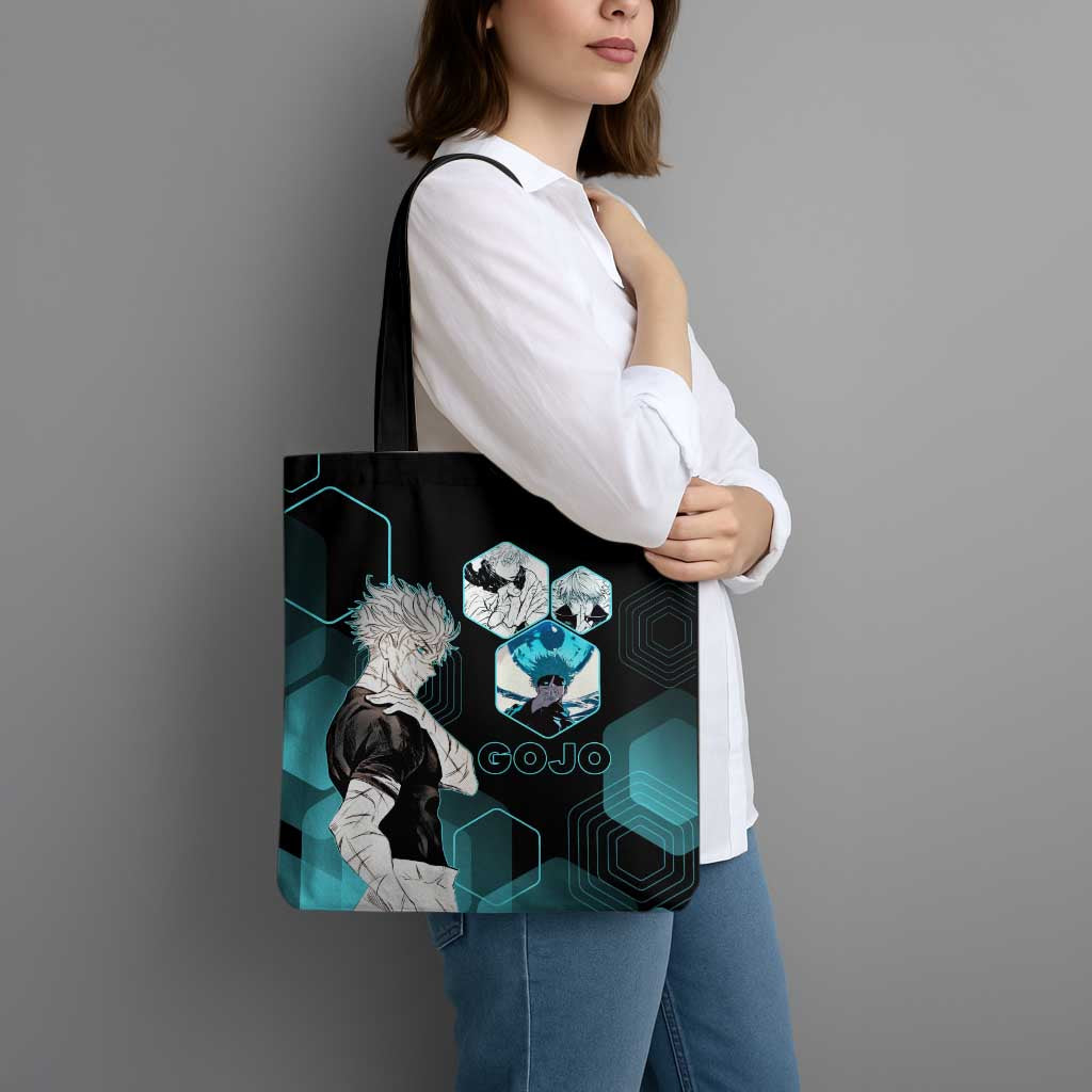 Gojo Satoru Jujutsu Kaisen Blue Hexagon Pattern Tote Bag with Intense Expressions and Modern Anime Art - The Mazicc