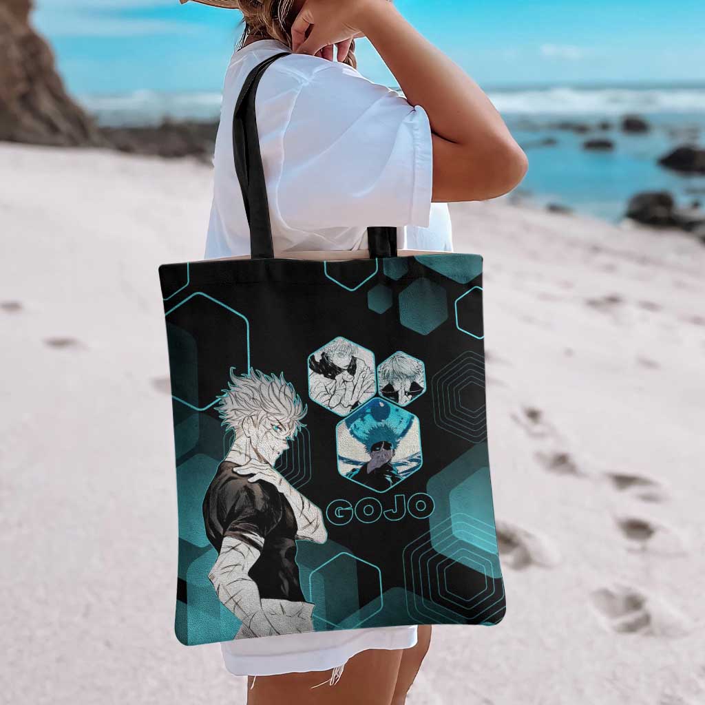Gojo Satoru Jujutsu Kaisen Blue Hexagon Pattern Tote Bag with Intense Expressions and Modern Anime Art - The Mazicc