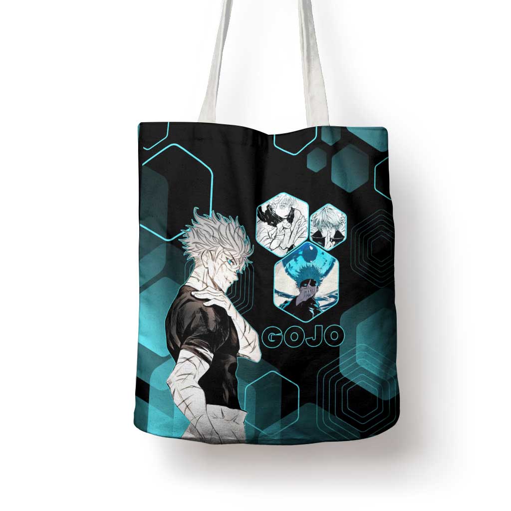 Gojo Satoru Jujutsu Kaisen Blue Hexagon Pattern Tote Bag with Intense Expressions and Modern Anime Art - The Mazicc