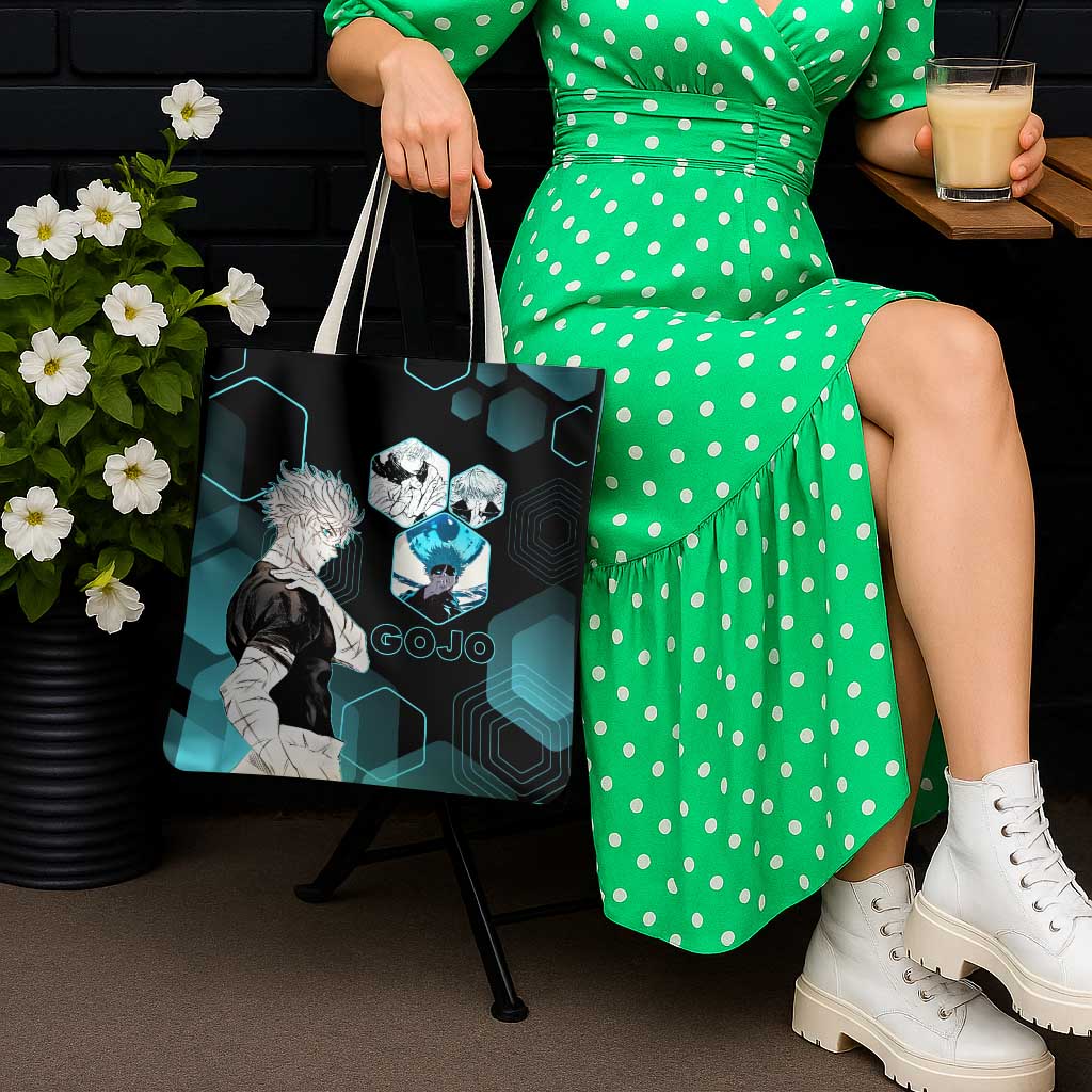 Gojo Satoru Jujutsu Kaisen Blue Hexagon Pattern Tote Bag with Intense Expressions and Modern Anime Art - The Mazicc
