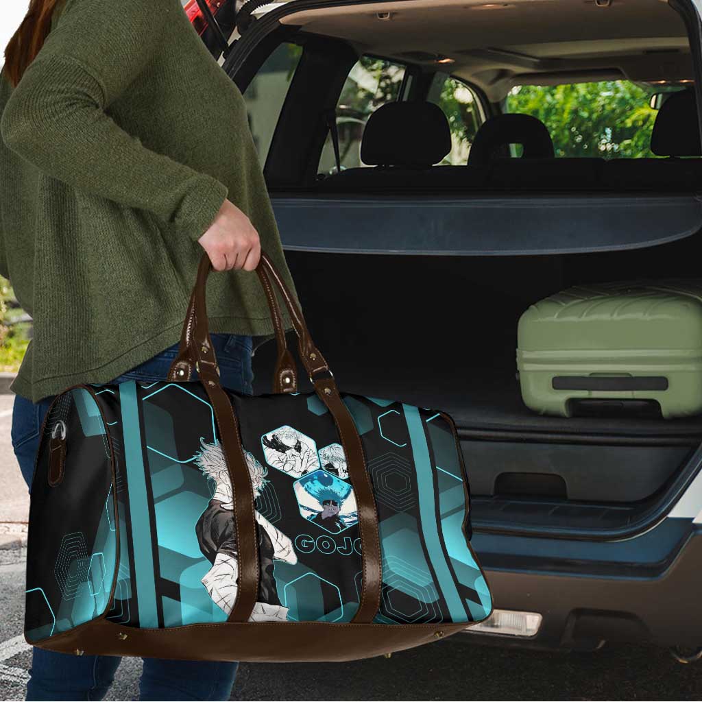 Gojo Satoru Jujutsu Kaisen Blue Hexagon Pattern Travel Bag with Intense Expressions and Modern Anime Art - The Mazicc