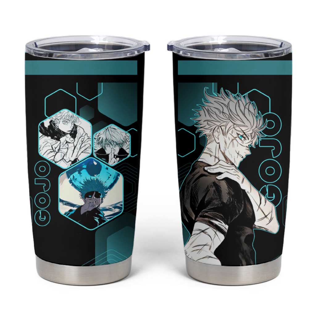 Gojo Satoru Jujutsu Kaisen Blue Hexagon Pattern Tumbler Cup with Intense Expressions and Modern Anime Art - The Mazicc