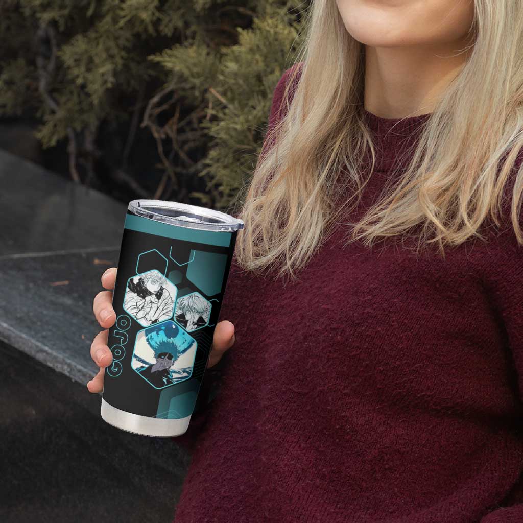 Gojo Satoru Jujutsu Kaisen Blue Hexagon Pattern Tumbler Cup with Intense Expressions and Modern Anime Art - The Mazicc