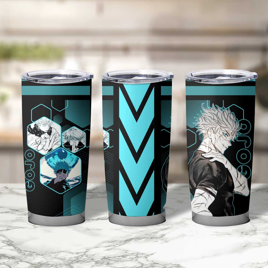 Gojo Satoru Jujutsu Kaisen Blue Hexagon Pattern Tumbler Cup with Intense Expressions and Modern Anime Art - The Mazicc