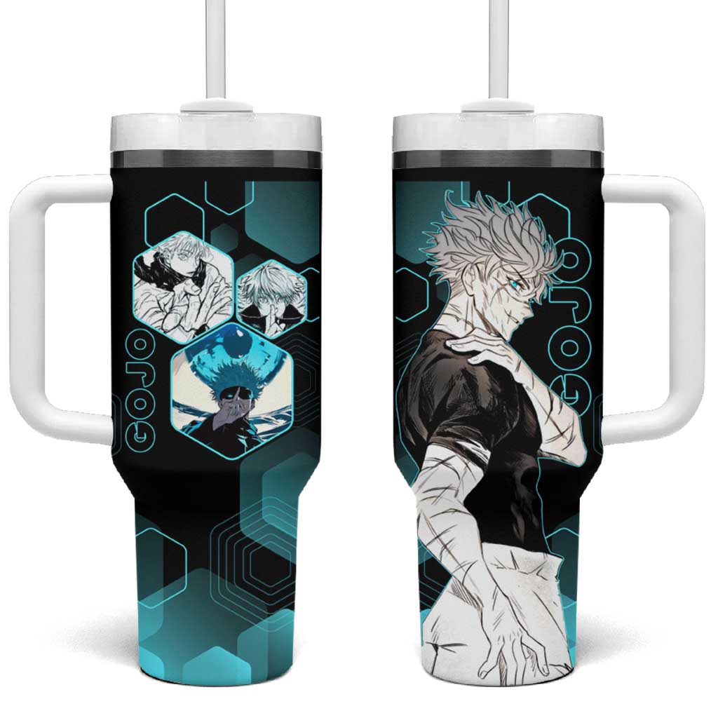 Gojo Satoru Jujutsu Kaisen Blue Hexagon Pattern Tumbler With Handle with Intense Expressions and Modern Anime Art - The Mazicc
