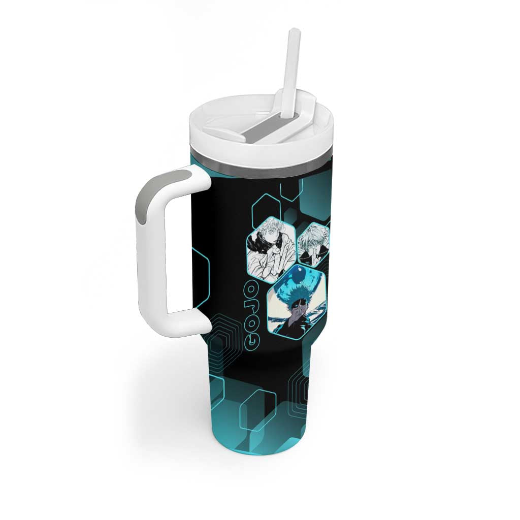 Gojo Satoru Jujutsu Kaisen Blue Hexagon Pattern Tumbler With Handle with Intense Expressions and Modern Anime Art - The Mazicc