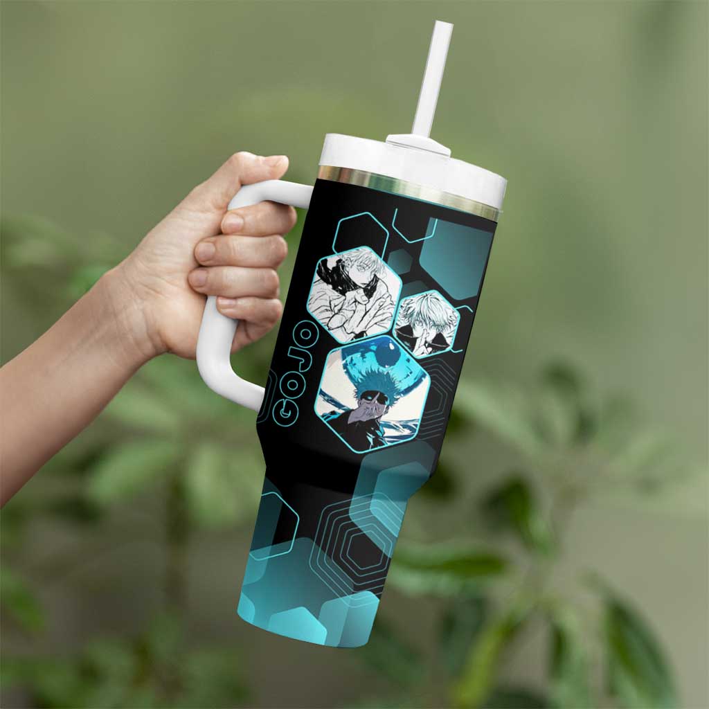 Gojo Satoru Jujutsu Kaisen Blue Hexagon Pattern Tumbler With Handle with Intense Expressions and Modern Anime Art - The Mazicc