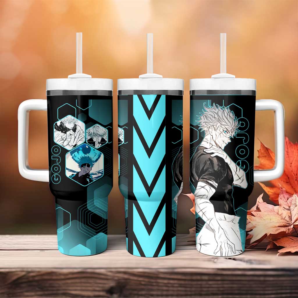 Gojo Satoru Jujutsu Kaisen Blue Hexagon Pattern Tumbler With Handle with Intense Expressions and Modern Anime Art - The Mazicc