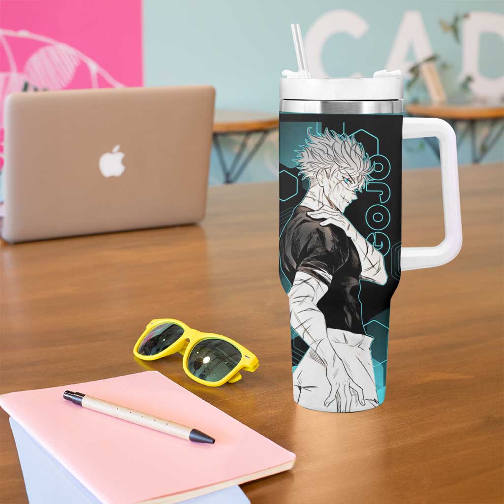 Gojo Satoru Jujutsu Kaisen Blue Hexagon Pattern Tumbler With Handle with Intense Expressions and Modern Anime Art - The Mazicc