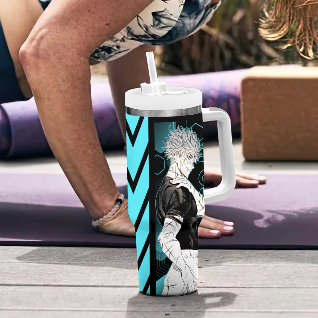 Gojo Satoru Jujutsu Kaisen Blue Hexagon Pattern Tumbler With Handle with Intense Expressions and Modern Anime Art - The Mazicc