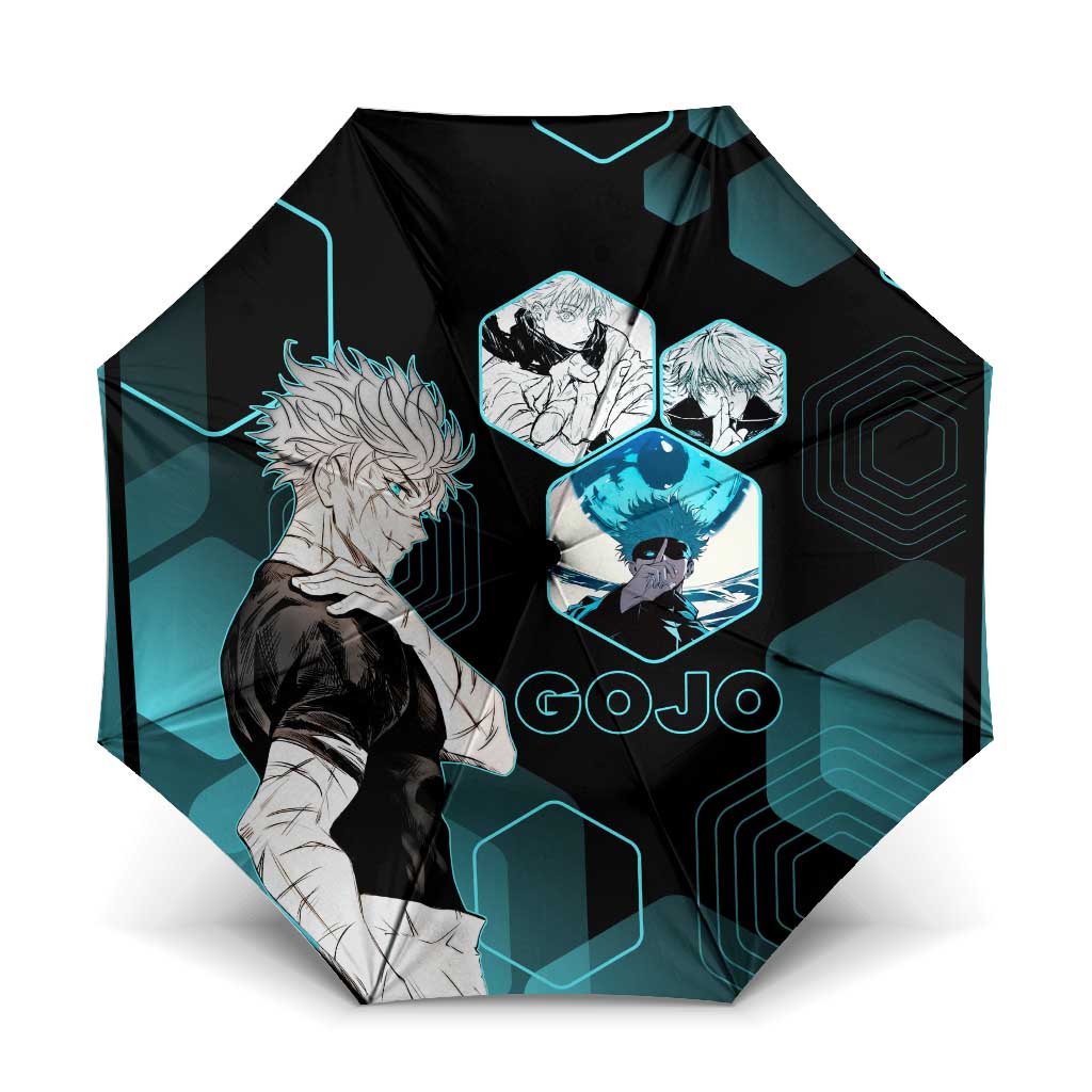Gojo Satoru Jujutsu Kaisen Blue Hexagon Pattern Umbrella with Intense Expressions and Modern Anime Art - The Mazicc