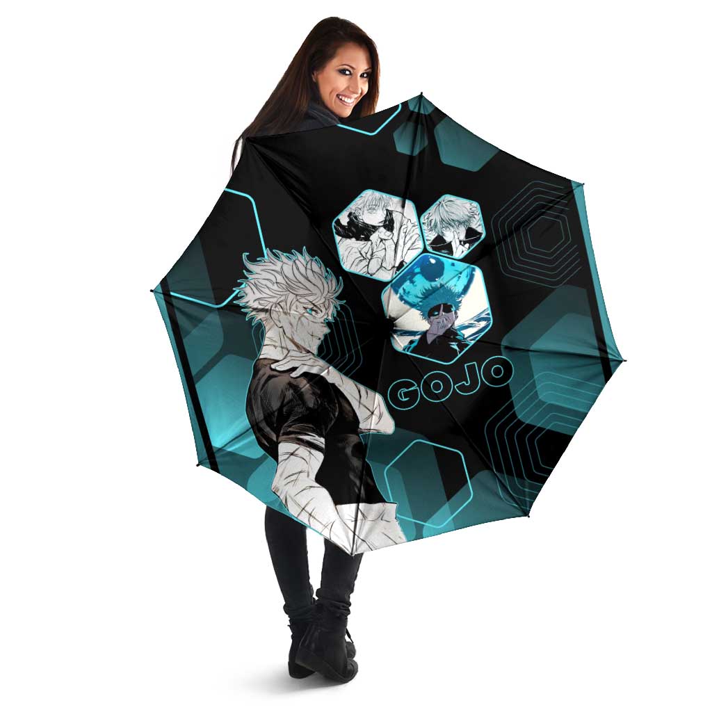 Gojo Satoru Jujutsu Kaisen Blue Hexagon Pattern Umbrella with Intense Expressions and Modern Anime Art - The Mazicc