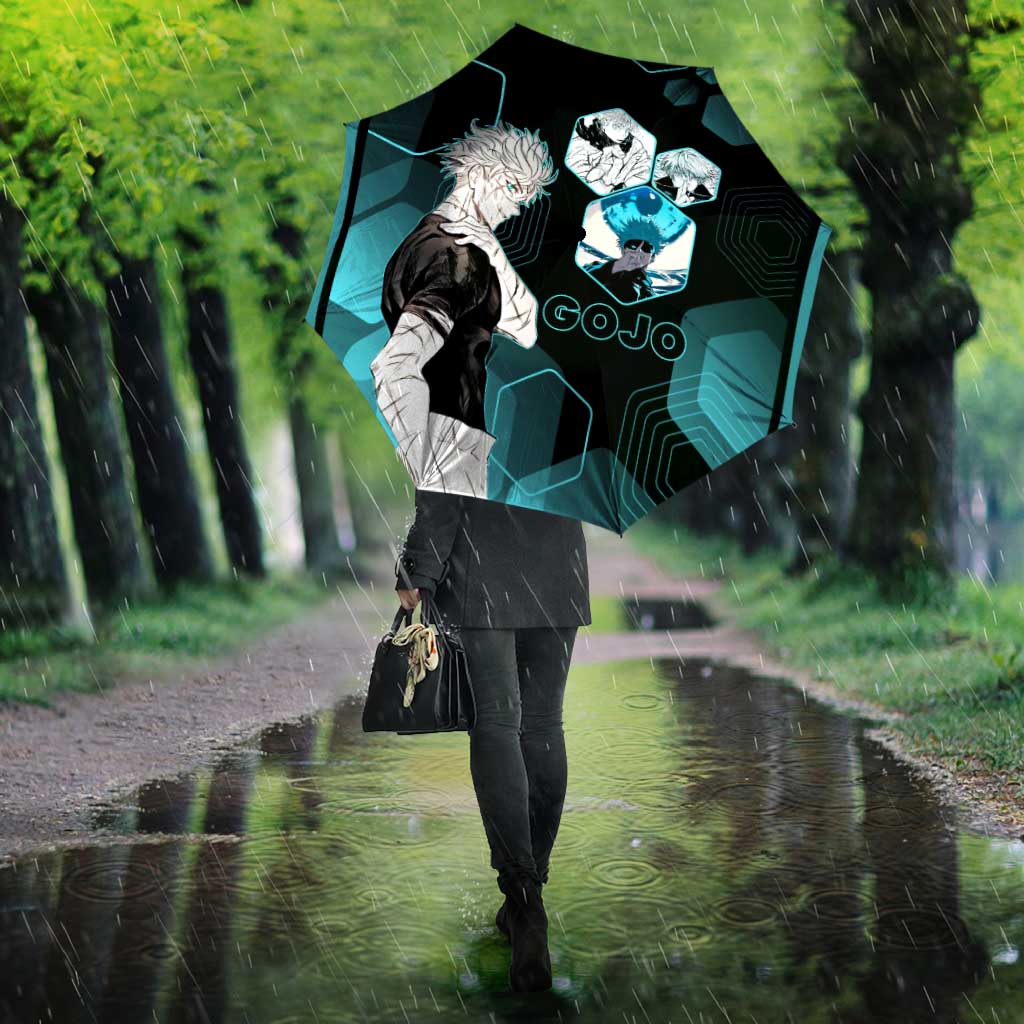 Gojo Satoru Jujutsu Kaisen Blue Hexagon Pattern Umbrella with Intense Expressions and Modern Anime Art - The Mazicc