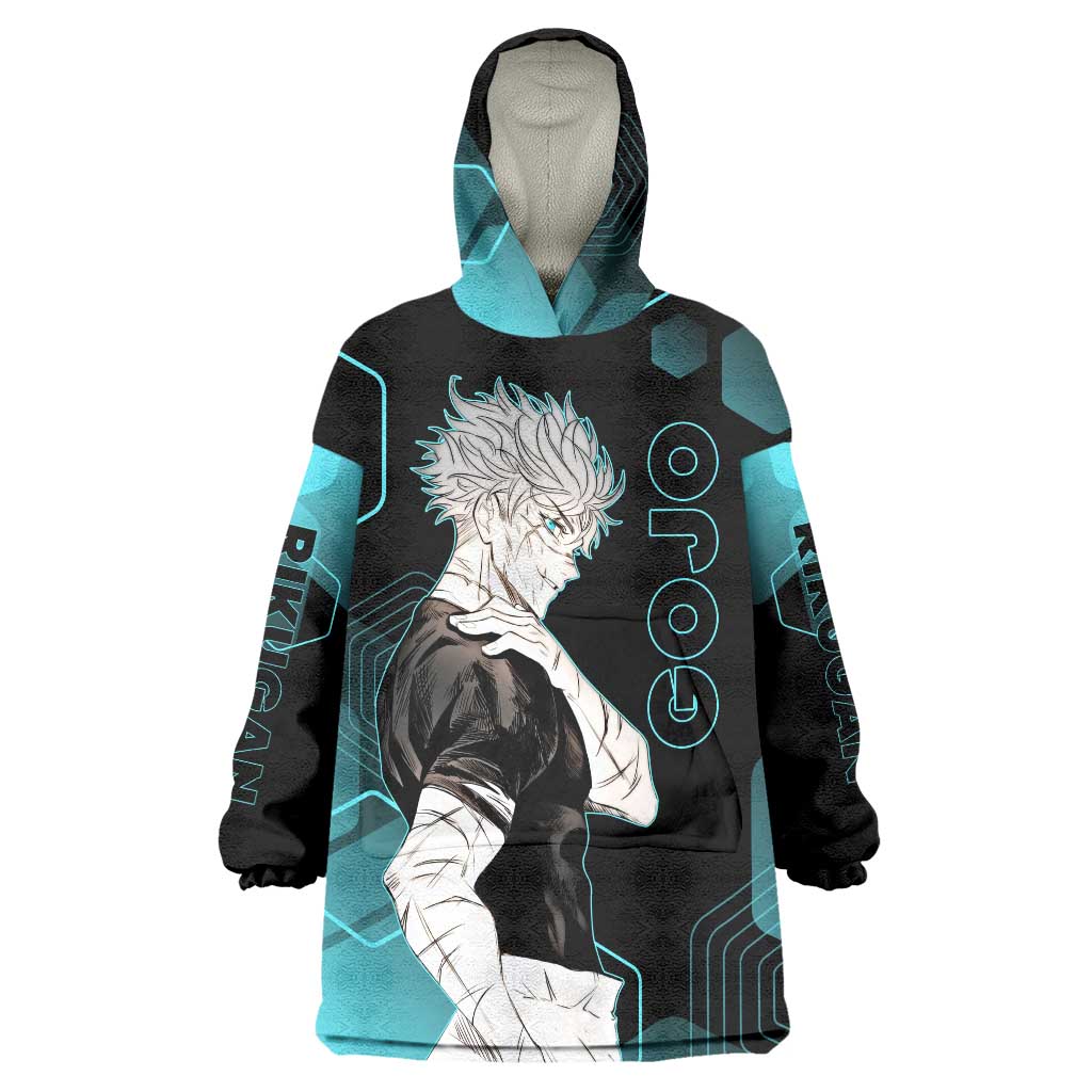 Gojo Satoru Jujutsu Kaisen Blue Hexagon Pattern Wearable Blanket Hoodie with Intense Expressions and Modern Anime Art - The Mazicc