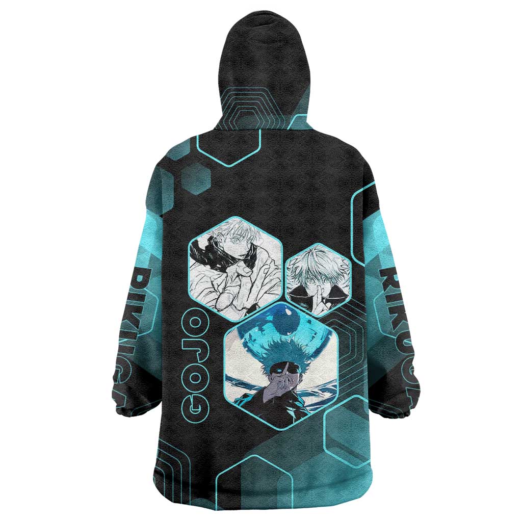 Gojo Satoru Jujutsu Kaisen Blue Hexagon Pattern Wearable Blanket Hoodie with Intense Expressions and Modern Anime Art - The Mazicc